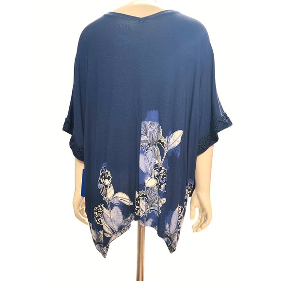 Apt 9 Rayon Spandex Blend Floral Print Navy Blue Short Sleeve Casual Blouse Sz L - Picture 3 of 12